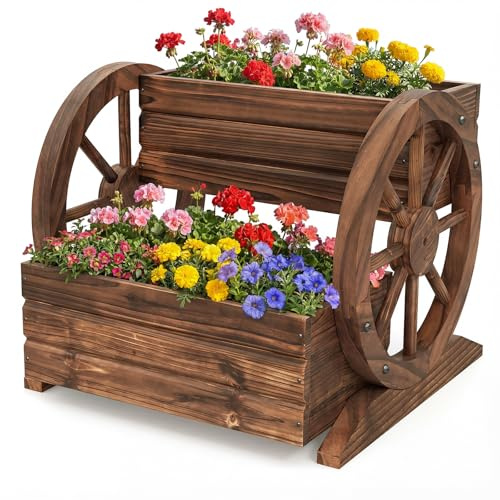 COSTWAY Jardinière Surélevée à 2 Niveaux, Bac à Plantes en Bois en Forme de Chariot avec Trous de Drainage et Roues, Lit de Jardin Pots de Fleurs pour Patio Balcon, 46 x 44 x 35 cm