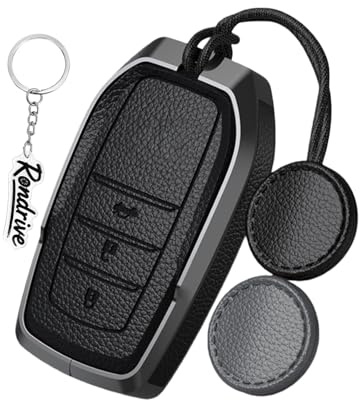 Rondrive Schlüsselhülle Autoschlüssel Hülle Schlüsselcover Kompatibel mit Toyota CHR Corola Cross Aygo X Yaris 4 GR BZ4X GT86 RAV4 Auris Prado Zinklegierung+Leder Schlüsselanhänger3 Tasten Schwarz