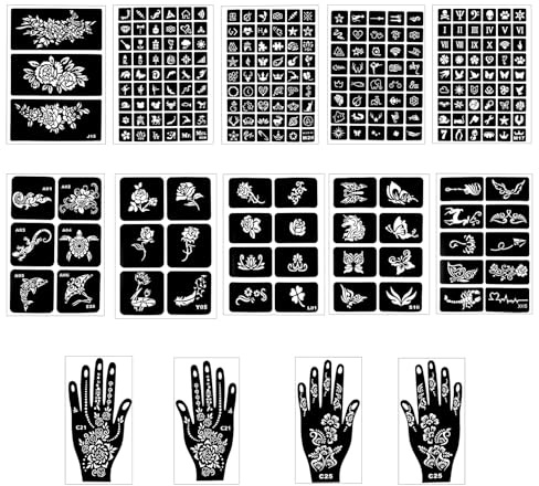 14 Hojas Kit Tatuajes Temporales, 247 Pcs Plantillas Henna, Pegatinas de Tatuaje Reutilizables para Niños y Adultos, Cumpleaños, Halloween, Carnaval, Fiesta, Arte Corporal, DIY (14)