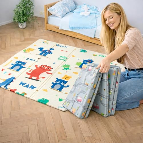 Krabbelmatte Baby, faltbar, doppelseitig, 150x180cm Dinosaurier und Autos | Kinder Spieldecke, Rutschfest Krabbeldecke mit Praktischer Tragetasche