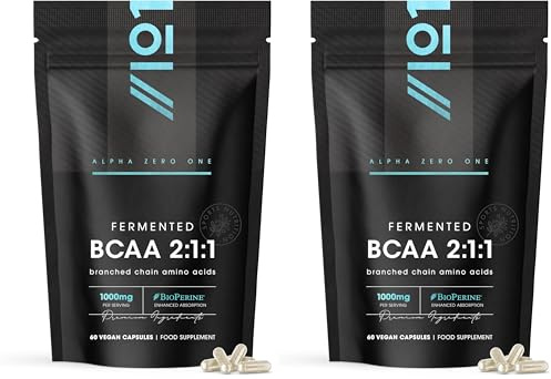 BCAA Capsules 1000mg with BioPerine - 60 Vegan Capsules – High Strength 2:1:1 Branched Chain Amino Acids Supplement - Resealable and Recyclable Pouch by Alpha01 (Pack of 2)