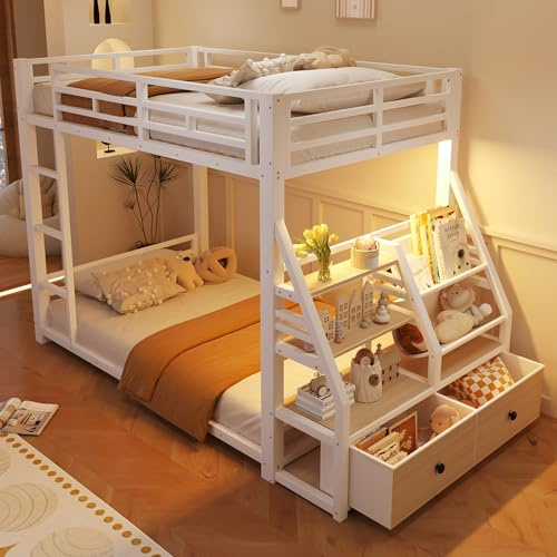luckdect Lit Superposé 90x200 avec Éclairage LED, 2 x Lit 90x200 avec Sommier en Métal avec 4 Étagères, avec 2 tiroirs de Rangement en Tissu, Lit mi Hauteur avec barrières de sécurité, sans Matelas
