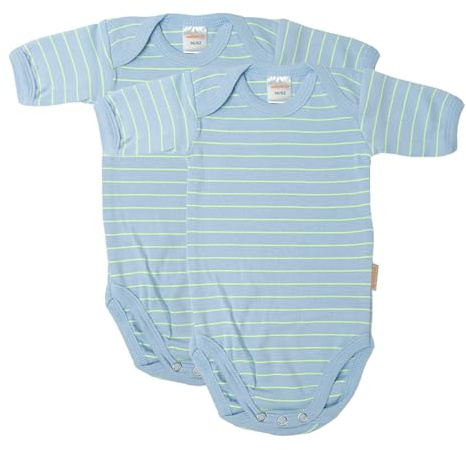 wellyou – Kurzarmbody Baby & Kinder aus 100% Baumwolle – Babybody für Mädchen & Jungen – 2er Set Kurzarm Baby Body in Größe 50-134 – Made in EU (Hellblau Neongelb gestreift | gr 56-62)