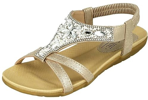 Jo & Joe Ladies Faux Leather Peep Open Toe Sling Back T-Bar Dimante Flat Flip Flop Sandals Size 3-8 (UK 7, Gold)
