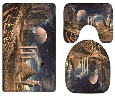 A.Monamour Badezimmer Badematte 3 Teilig Set Blau Sternenhimmel Runde Mond Felsen Berg Fantasie Szene Ägyptische Statuen Landschaft Kunst Flanell Badteppiche Badvorleger Badgarnitur WC Vorleger