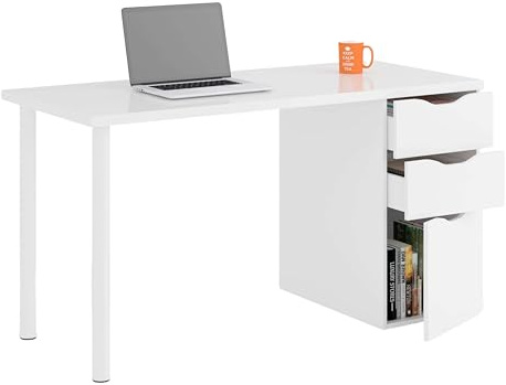 Habitdesign Mesa Ordenador Reversible con 2 Cajones y 1 Puerta, Mesa Despacho, Escritorio, Modelo Athena, Acabado en Color Blanco Artik, Medidas: 138 cm (Ancho) x 60 cm (Fondo) x 74 cm (Alto)