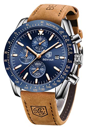 BENYAR Orologio da Uomo Cronografo Analogico Movimento al Quarzo Cinturino in pelle Moda Business Sportivo orologio da polso 30 M Impermeabile e Antigraffio Elegante Regalo per Uomo