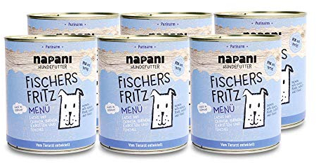 napani - Premium Hundefutter nass, Bio Nassfutter für Hunde, Fischers Fritz mit Lachs aus Wildfang & Quinoa, purinarm, schonend gegart & ohne Zusatzstoffe, 6 x 800g