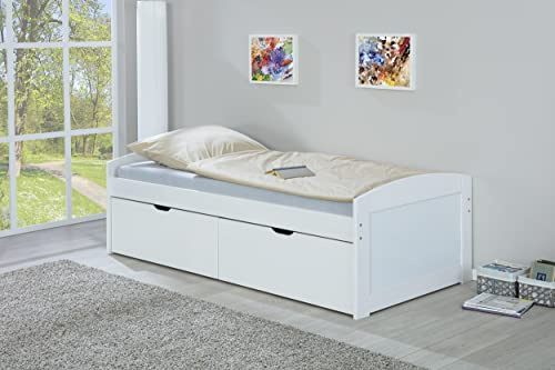 Inter Link - Funktionsbett - Einzelbett - Kinderbett - 2 Schubkästen - Kiefer Massivholz - EINAR - weiss - 90 x 200cm