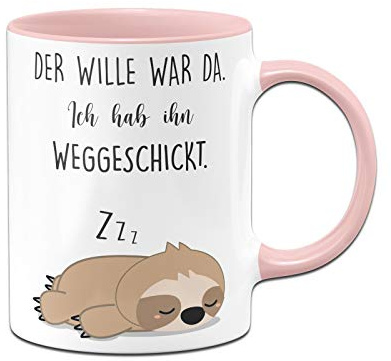 Kopp destilleri sengångare mugg med ordstäv Der Wille war da Ich Hab ihn wegeschickt - present till kollega, morgenmuffel - diskmaskinssäker rosa