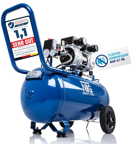 NTG Silent Kompressor 9 Bar | 50 L Tank | 1470W Starke Leistung | Ölfrei | besonders leise und flexibel einsetzbar mit Manometer und Druckregler 50 L Tank (50 Liter Tank)