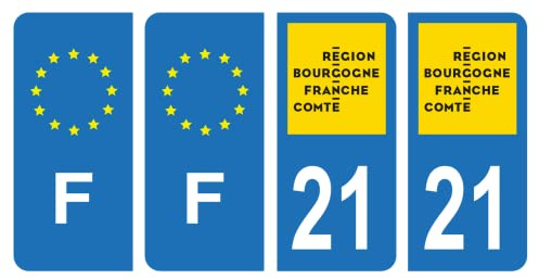 HADEXIA Nummernschild-Aufkleber, französisches Departement 21, Goldküste Region Franche-Comté & F Frankreich, Europa, 4 Stück