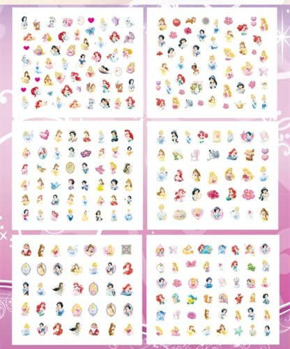 Nagelsticker,Selbstklebend Nagelaufkleber 6 Blatt Cartoon Prinzessin Nail Art Abziehbilder DIY Nail Art Dekoration für Frauen Mädchen Kinder