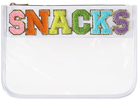DYSHAYEN Chenille Letter Clear Zipper Pouch for Travel,Nylon Clear Cosmetic Bag,Makeup Travel Bag for Women Girls 11.8 Inches x 8.2 Inches (White-Snacks)
