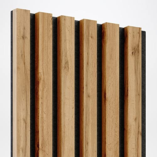 KLEMP Wandpaneele – Lamellenleisten aus MDF auf Filz 275 x 30 cm, Wandverkleidung zur Montage mit Kleber oder Klebeband auf schwarzem Untergrund 5er-set Wotan Eiche