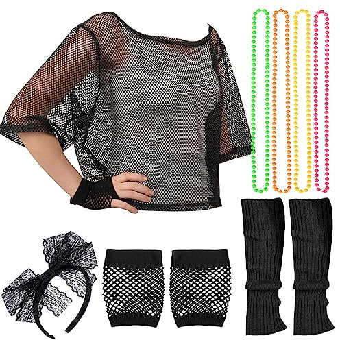 iZoeL Neon Netz Shirt 10tgl. 80er Jahre Outfit Accessoires Haarreif Halskette Handschuhe Beinstulpen 80er Kostüm Accessoires Halloween Karneval Cosplay Party