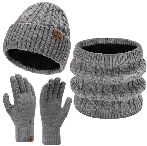 Damen Herren Winter Warm Beanie Mütze Touchscreen Handschuhe Loop Schal Set mit Fleece Gefüttert, Strickmütze Wintermütze Schlauchschal Winterhandschuhe Frauen Männer Geschenk, Hellgrau