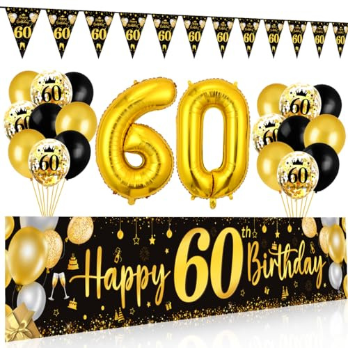 Dekoration zum 60. Geburtstag, Schwarz, Gold, für Herren und Damen, Banner zum 60. Geburtstag, Ballon 60 Jahre, Schwarz Gold, Dreiecksbanner, Happy Birthday, Dekoration für Party, Leinwand, Poster