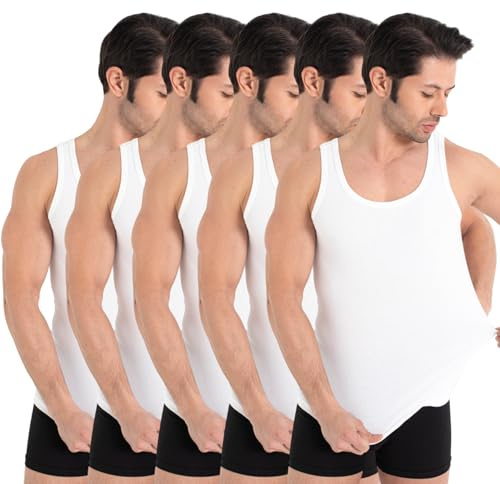 UNDEREA 5-pack herrlinne klassisk undertröja – kammad finribbad ekologisk bomull, Vit, M