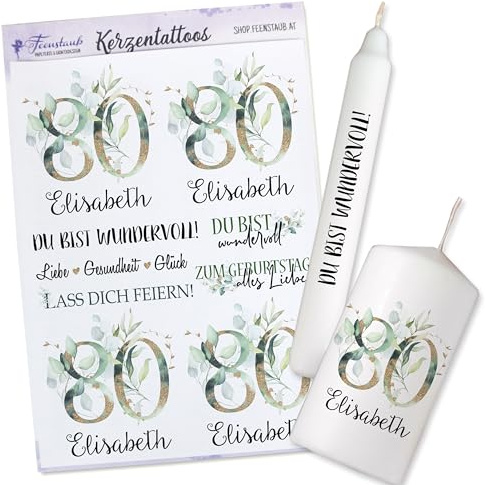 FEENSTAUB Kerzentattoos Geburtstag, personalisierbare Schiebefolie für Kerzen, Transferfolie für Kerzen für den Geburtstag, Kerzen Tattoos, Kerzenfolie Sprüche, Kerzen beschriften, Eukalyptus