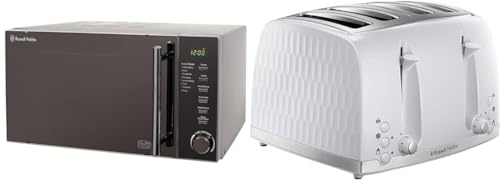 Russell Hobbs RHM2017 20L 800W Silver Digital Microwave, Child Safety Lock, Automatic Defrost & Honeycomb 4 Slice Toaster (Independent & Extra wide slots with high lift