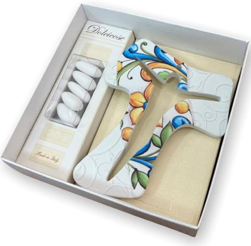 Regalami.Shop Croce Tau in Marmo di Carrara cm 14 con fregi a Rilievo e Stampa Completo di Scatola, Confetti, bigliettino Personalizzato e Nastro in Organza (14)