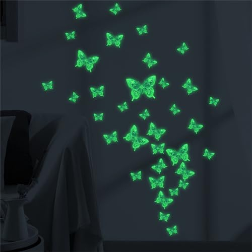CULASIGN 35 pcs Fluoreszierende Aufkleber 3D Schmetterlinge, Leuchtend Wandtattoo Wandaufkleber Schmetterling Wandsticker Luminous Sticker für Wohnzimmer Schlafzimmer Kinderzimmer (Grünes Nachtlicht)