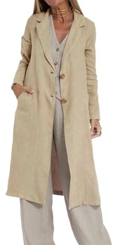 IDEALSANXUN Linen Jackets for Women 2026 Spring Summer Trench Coat Casual Lightweight Long Blazers Cardigan Tops, Khaki, M