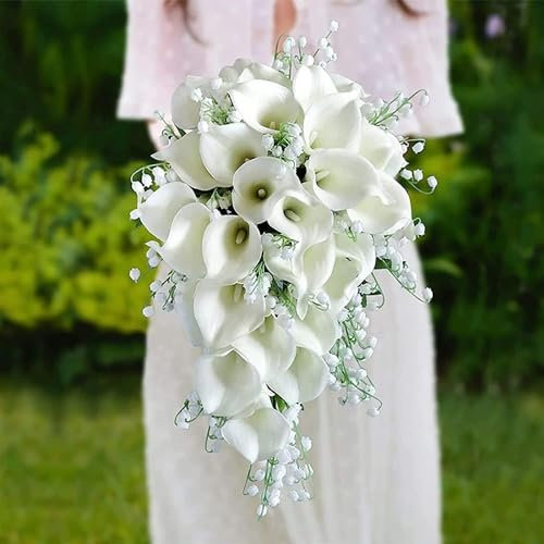 Weiße Calla-Lilie, künstliche Hochzeits-Brautsträuße – Wasserfall-Form, kaskadierend, DIY-Blumensträuße für romantische französische Vintage-Kirchenhochzeit