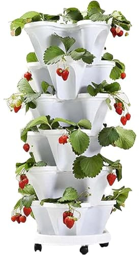 ZJTBDATG Pflanzturm mit Stapelbaren Erdbeerturm 6-Stöckiger Kübel mit Untersetzer Stapelbar Widerstandsfähig Kunststoff für Aussenbereich Erdbeeren Kräuter Blumen und Gemüse,E