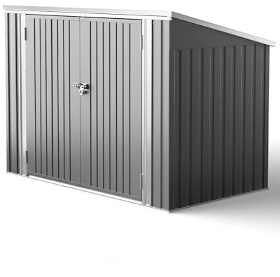 XEMQENER Bike Shed Storage Outdoor, Lockable Garden Storage Shed with Door and Sloping Roof, Waterproof Metal Galvanized Steel Sheds for Bike, Garden Tools, Garbage Bins, Grey,(L176x W105x H130 cm)