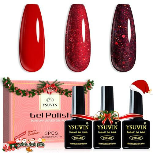 YSUVIN UV Nagellack Rot, 3 Farben Rot Glitzer Gel Nagellack Soak-Off UV Gellack für Frauen Home DIY Nail Art Maniküre Salon, Langlebig, 8ML