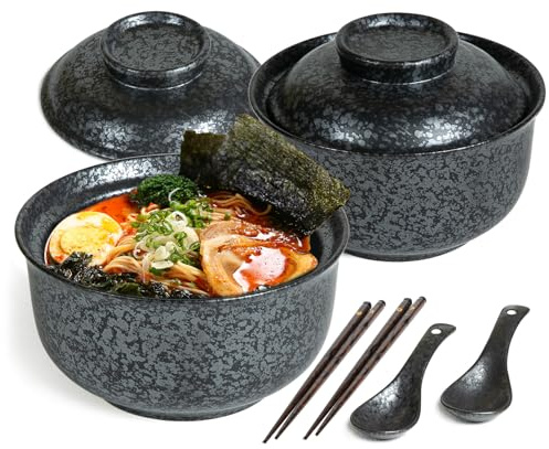 Ceramic Ramen Bowl Tableware Set for 2 Person, Japanese Style Retro Ramen Bowls Set 800ml Noodle Bowl with Chopsticks and Spoons, Soup Bowls with Lid for Microwave & Dishwasher Safe,Classic Black