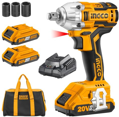 Ingco 20V Cordless Brushless Impact Wrench 1/2, Max Torque 300NM, Electric Impact Gun 2100RPM, LED Work Light, with 2Pcs 2.0Ah Battery, 1Pcs Charger, 3Pcs Sockets, Packed by Canvas Bag CIWLI20013