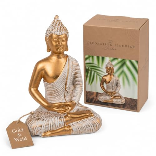 MIJOMA Buddha-Dekofigur, Gold & Weiß, Vintagelook, Polyresin, 14-34 cm Höhe, optional mit Teelichthalter - Spirituelle Ruhe und Eleganz (11 x 9 x 16,5 cm)