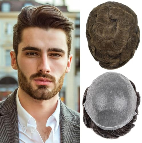 Herren Toupet Haar System für Männer 0,02-0,03mm Ultra-Dünne Haut 100% echtes Echthaar Toupet für Männer Licht 90% mittlere Dichte Haarteil Basisgröße 8x10 Zoll （5#）