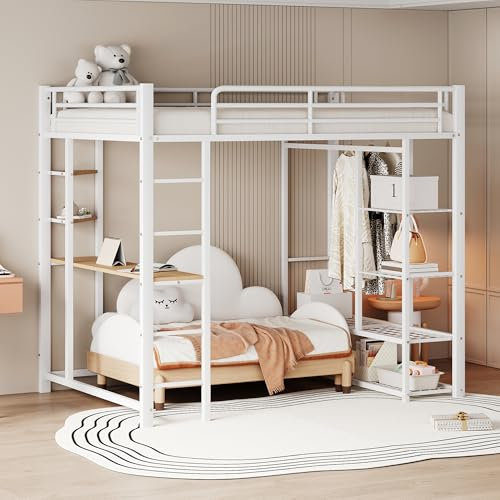 MQLAE Hochbett Erwachsene, Doppelbett 140x200cm, Kinderbett, Jugendbett, mit Schreibtisch und Aufbewahrungsregal, Bettgestell mit Lattenrost aus Metall, Rausfallschutz Metallbett, Ohne Matratze, Weiß