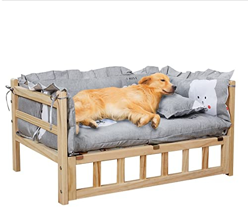 Erhöhtes Hundebett aus Holz mit waschbarer Matratze/Kissen, für drinnen und draußen, erhöhtes Haustierbett für kleine, mittelgroße und große ältere Hunde, einfache Montage, stilvolles und bequemes