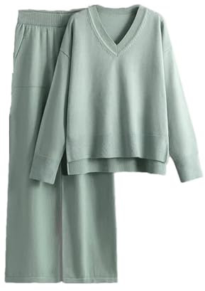 Strickset für Damen, V-Ausschnitt, Pullover + hohe Taille, Kordelzug, weites Bein, Hose für Herbst und Winter, 2-teilig, Light EN8, Einheitsgröße