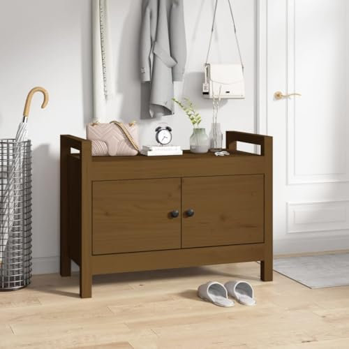 Hovothy Flurbank 80x40x60 cm Flurmöbel Wohnzimmermöbel Schuhschrank Sitztruhe Truhenbank Sitzbank Eingangsbereich Sitzbank Moderne Schuhtruhe Eingangbank Massives Kiefernholz Honigbraun
