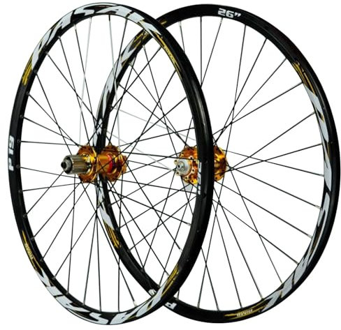 GEIRONV 26/27,5/29 Zoll MTB Laufradsatz, Scheibenbremse mit Schnellspanner 32 Loch Fahrradnabe Fahrradräder Aus Aluminiumlegierung for 7–12S Kassette 2213 G(Gold,26inch)
