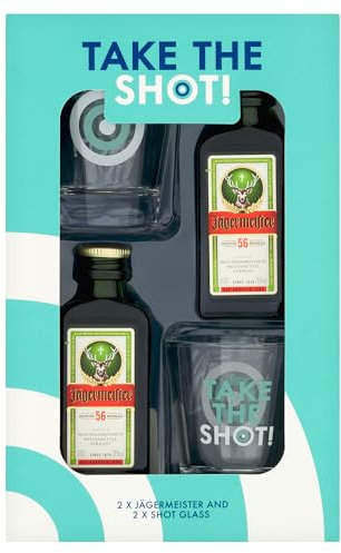 Jagermeister Liqueur, Take the Shot Gift Set, including 2 x 2cl Bottles of Jagermeister liqueur and 2 decorated shot glasses. Lovely Gift for Christmas or Birthday By Blue Tree Gifts