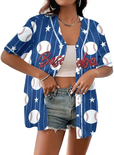 Baseball Shirt Women Baseball Jersey Baseball Graphic Button Down Jersey Shirts Game Day Short Sleeve Tops Blue