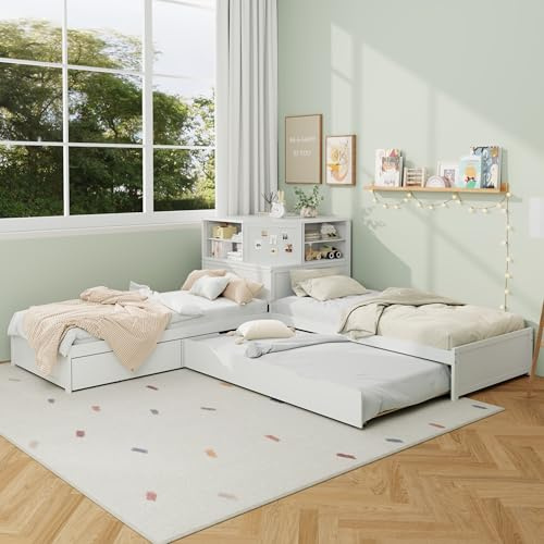 SOFTSEA L-Shaped Twin Size Bed with Trundle and Storage Drawers, 3 in 1 Low Corner Platform Bed Frame with Desk and Shelves for 3 Kids, Wood L-Shaped Bed with Bookcase, Easy Assembly, White