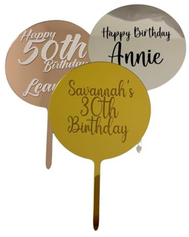 Personalised Luxury Mirrored Cake Topper - Gold, Silver, Rose Gold Acrylic Circle. Any Occasion, Age or Text. 1st Birthday - 21st - 18th - 80th - Baby Shower - Anniversary - Wedding - Retirement