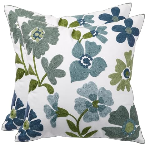 Tosleo Lot de 2 Fleurs Bleues Housse de Coussin 45 x 45 CM Décoration Moderne Housses d'oreiller Brodés Canapé Chambre Lit Jardin Ferme Printemps Deco