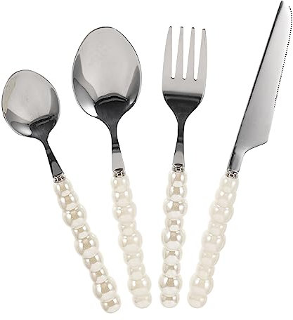 Homoyoyo Ensemble D'Argenterie Élégant En Acier Inoxydable 4 Pièces Avec Poignées En Perles - Couverts Complet Pour Dîner - Mariage Et Réceptions Fourchettes Couteaux Et Cuillères De