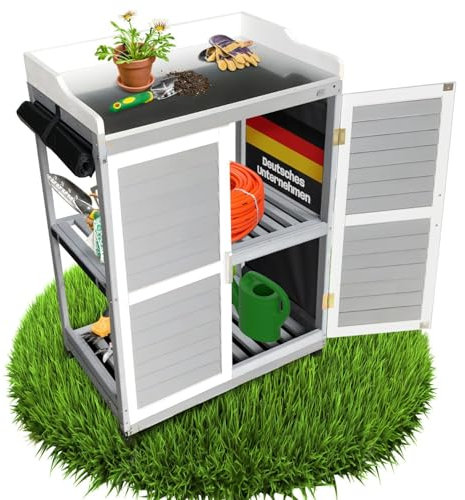 Gartenschrank Lola Grau 67x46x98 cm - Pflanztisch mit Stauraum, Geräteschrank mit verzinkter Arbeitsplatte, aufrollbare Wände, 1 Einlegeboden, Flexibler Schrank für Garten, Balkon & Terrasse