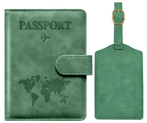 Toctax Reisepasshülle und Kofferanhänger Set, Passport Hülle mit RFID-Blocker, Reisepass Organizer, Reisepass Hülle für Damen und Herren, Passport Cover für Travel Essentials (Grün)