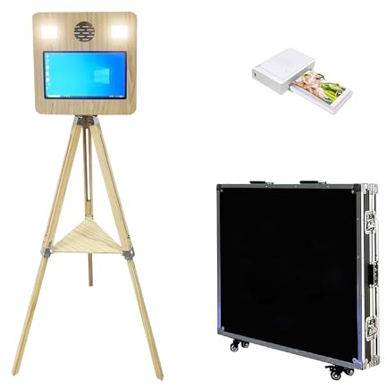 WideMeet Photomaton portable avec écran tactile de 15,6 pouces - Machine à photo reflex numérique relevable pour mariages, fêtes, événements (peinture grain de bois, machine + imprimante)